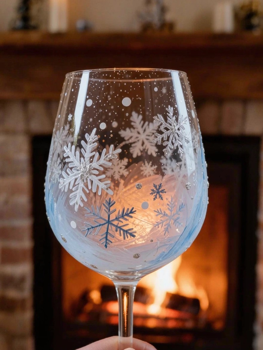 A hand holds a large clear wine goblet painted with white and blue snowflakes and dots in front of a fireplace.