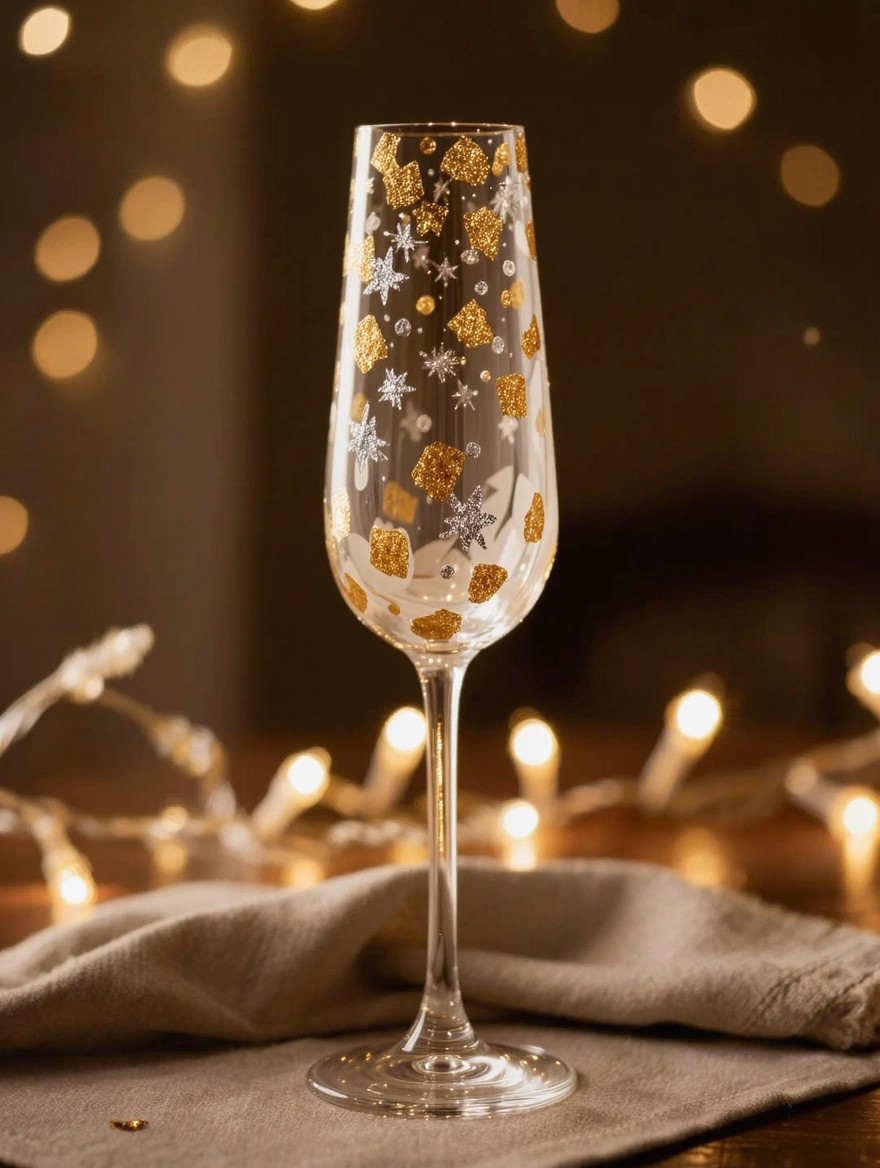 Clear champagne flute with hand-painted gold and silver glittery snowflakes, stars, and shapes on the bowl, on a cloth-covered table amid bokeh lights and fairy lights.