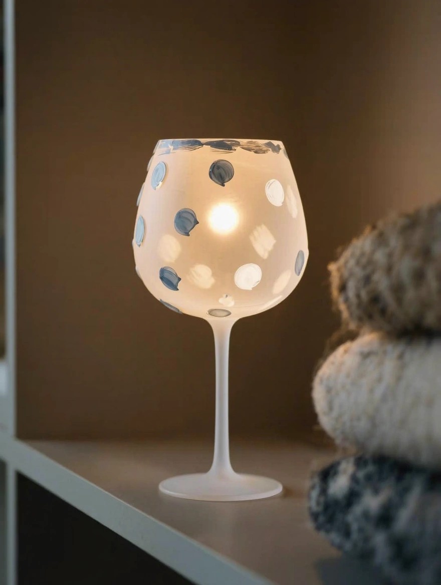 A lit frosted wine glass with hand-painted blue polka dots sits on a shelf beside stacked gray and white towels.