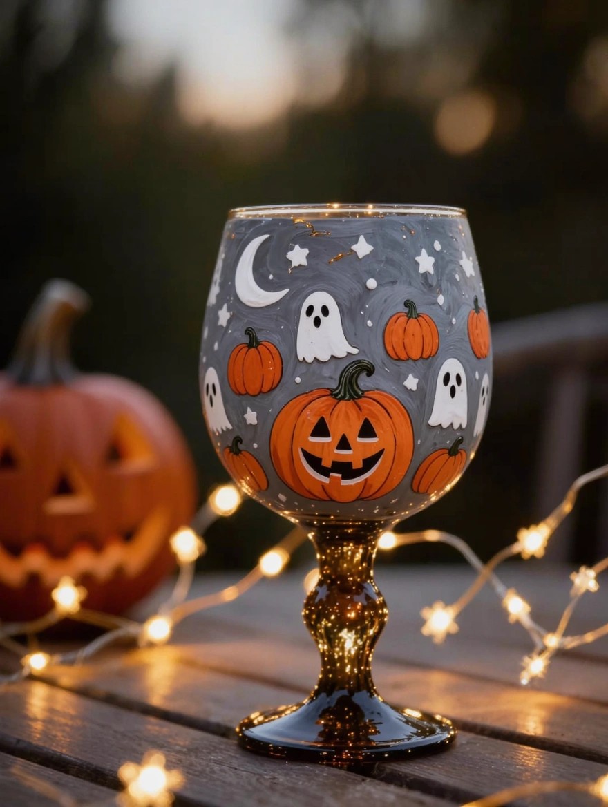 A stemmed wine glass painted gray with white ghosts, orange pumpkins, a jack-o-lantern, crescent moon, and stars sits on a wooden table next to a real carved pumpkin and fairy lights.