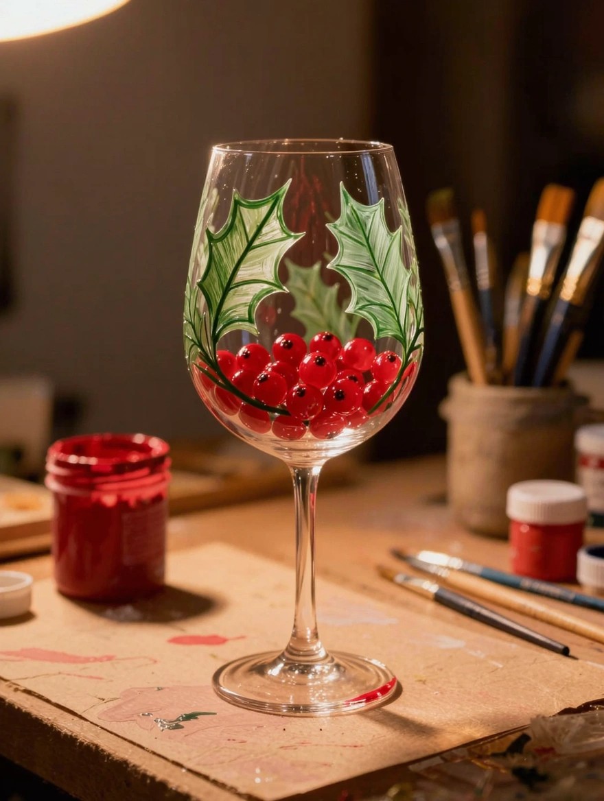A clear wine glass painted with green holly leaves and red berry clusters sits on a wooden workbench next to paint jars, brushes, and a red paint pot.