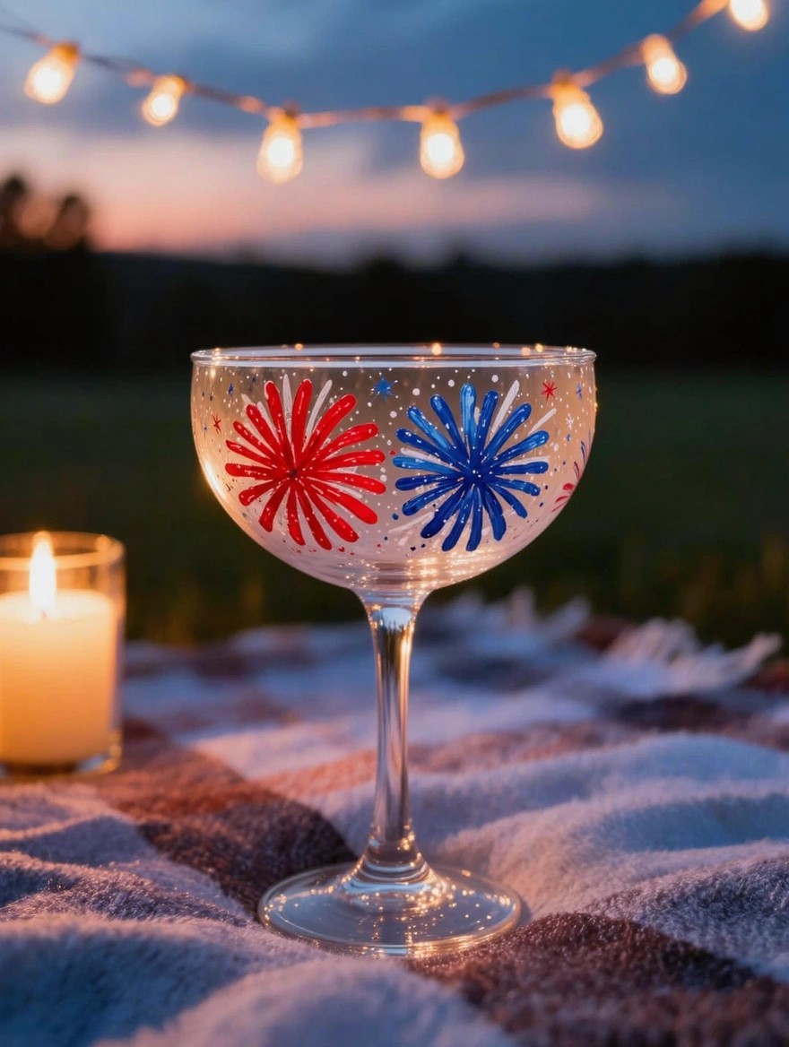 Clear stemmed coupe glass painted with red and blue fireworks, white stars, and sparkles sits on a plaid picnic blanket next to a white candle.