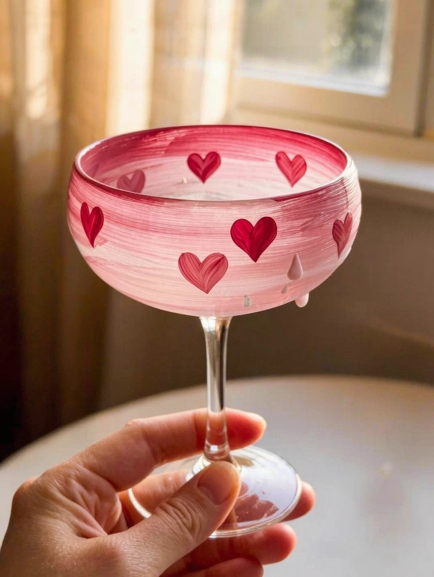 A hand holds a pink gradient coupe wine glass painted with red hearts and drips on a table near a window.
