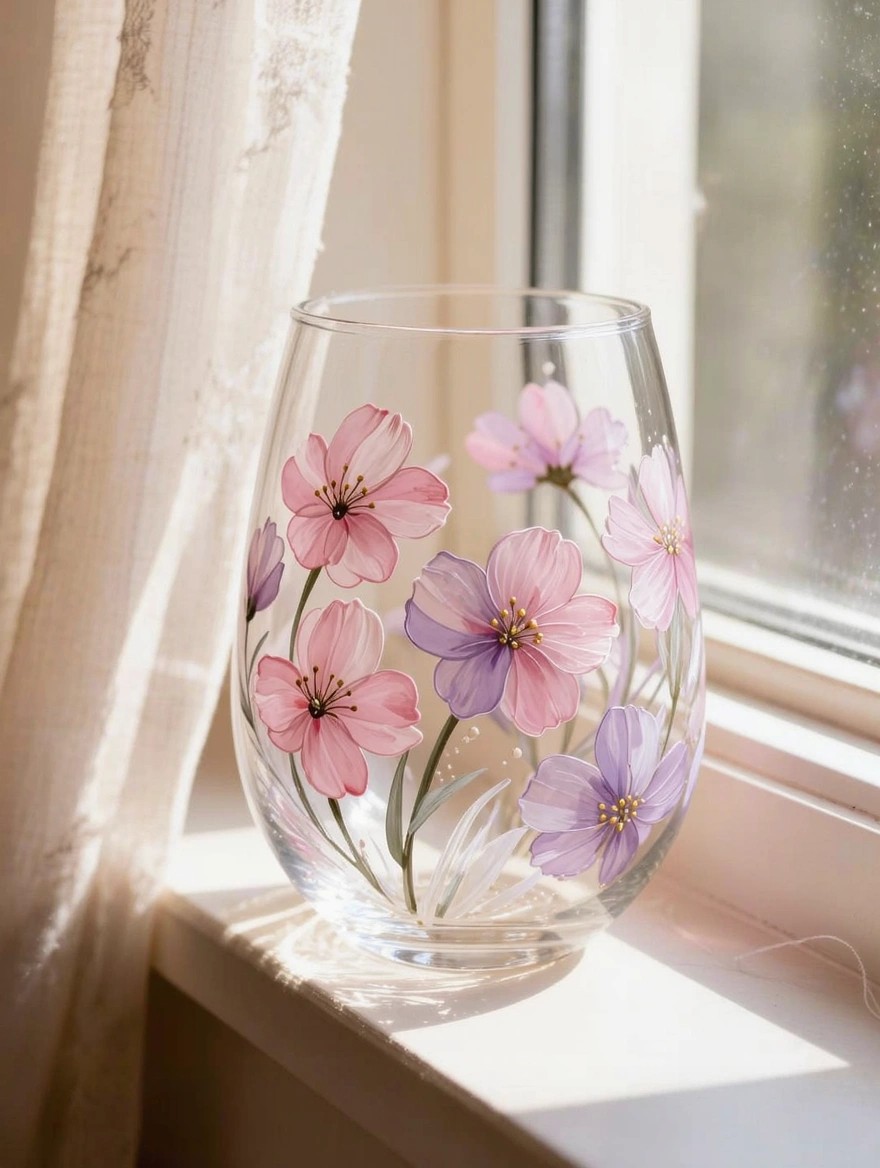 A clear stemless wine glass hand-painted with clusters of pink and purple translucent flowers sits on a sunlit windowsill next to sheer curtains.