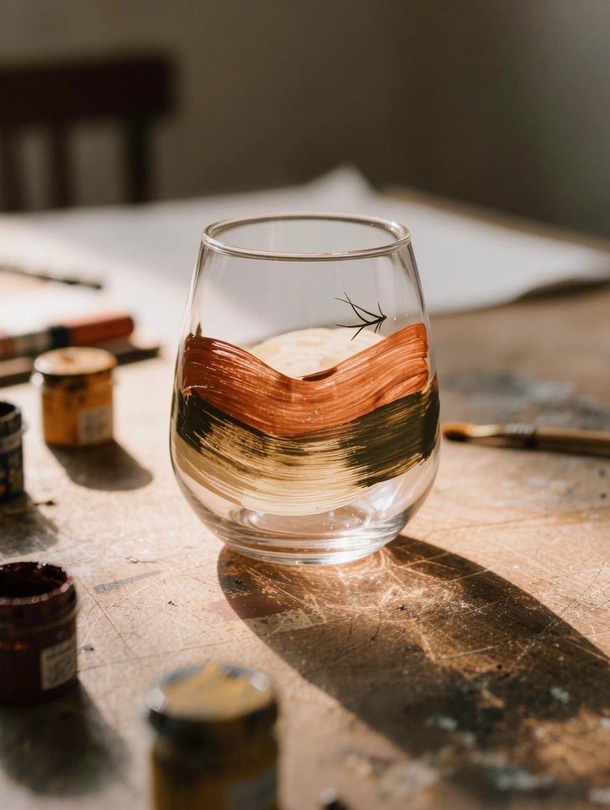 Clear wine glass with painted orange, green, and yellow landscape strokes and a black bird on one side, next to paint jars and a brush on a wooden table.