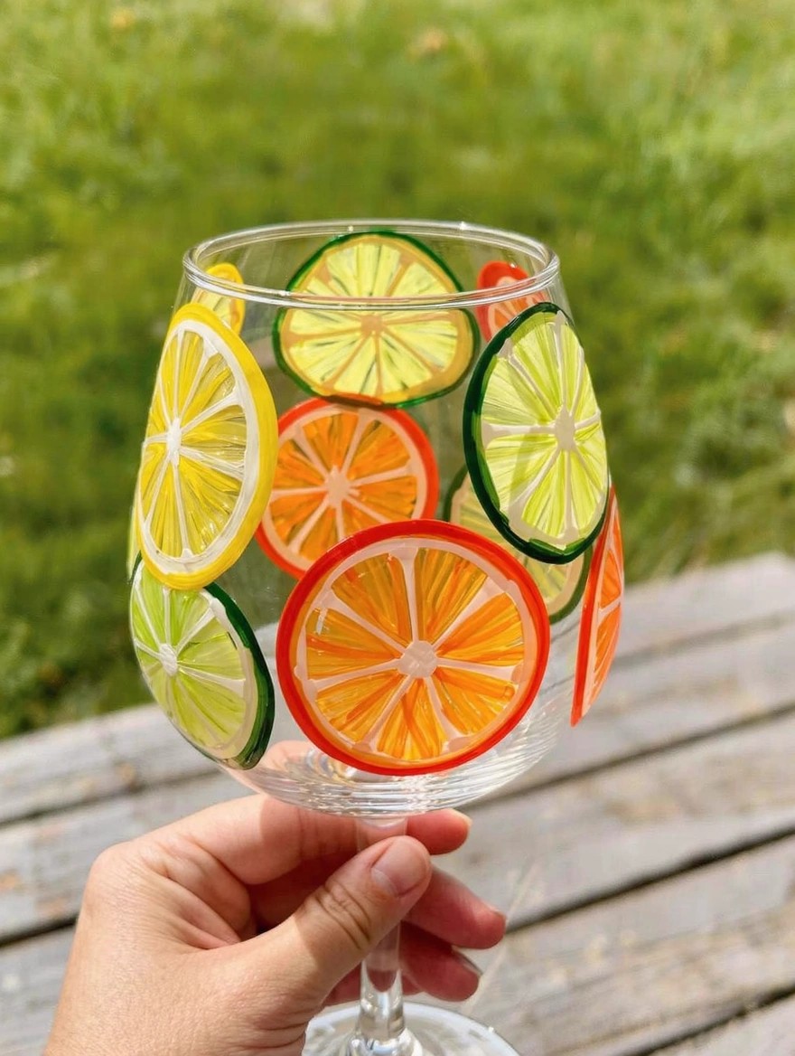 A hand holds a stemmed wine glass painted with overlapping yellow lemon, green lime, and orange slices on the bowl, placed on wood with grass in the background.