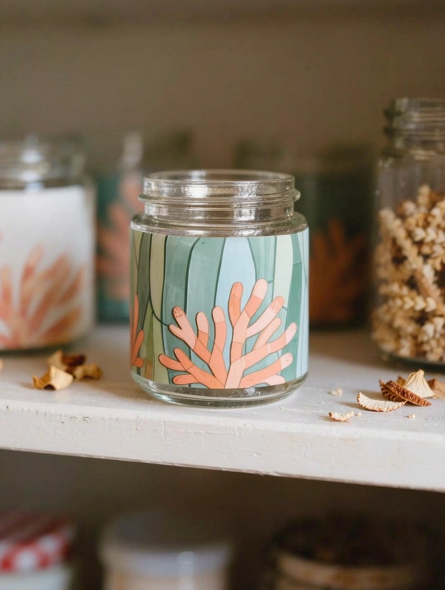 Clear glass jars painted with stylized orange coral on teal backgrounds sit on a pantry shelf next to jars of grains and dried mushrooms.