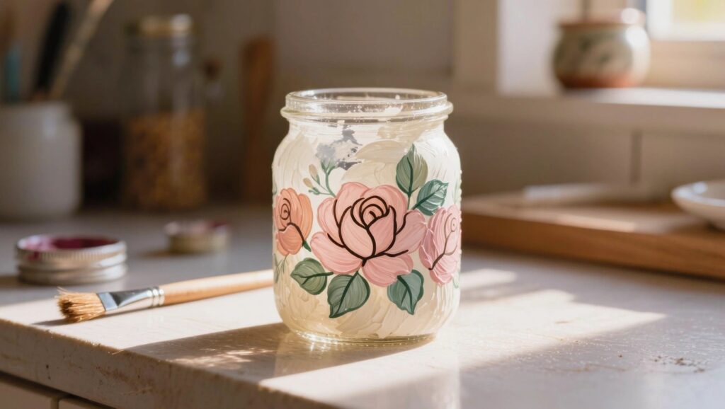24 Unique Stained Glass Painting Ideas for Glass Jars and Small Decor A clear mason jar painted with pink and green stained glass-style roses sits on a wooden kitchen counter next to a paintbrush, lid, and other kitchen items.