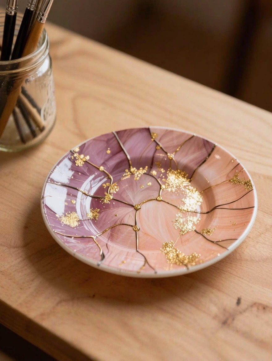 A clear glass plate painted with purple-pink gradient and gold kintsugi-style cracks sits on a wooden table next to a jar of paintbrushes.