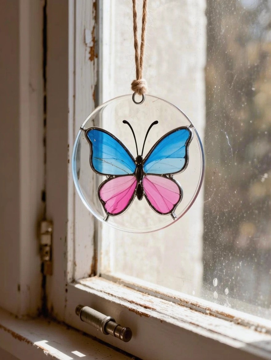A translucent circular glass sun catcher painted with a blue-and-pink butterfly hangs by rope in front of an old window.