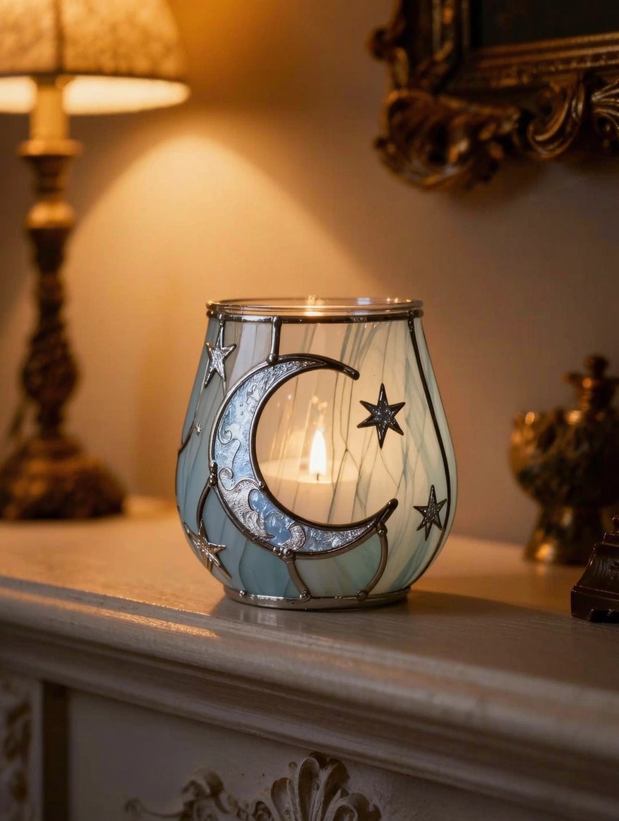 A curved blue stained glass-style votive jar painted with silver crescent moon and stars holds a lit candle on a white mantel next to brass decor.