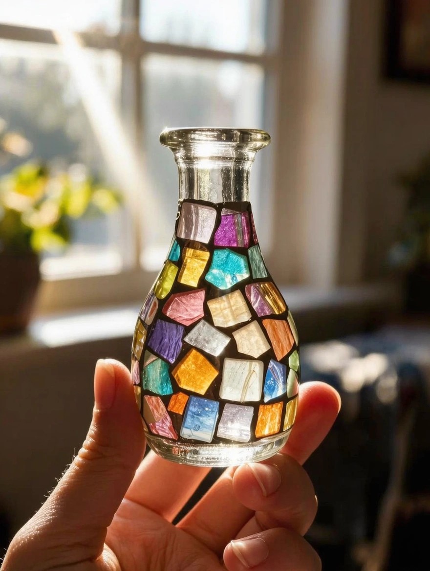 A hand holds a small clear glass vase painted with irregular colorful translucent mosaic patches near a sunlit window.
