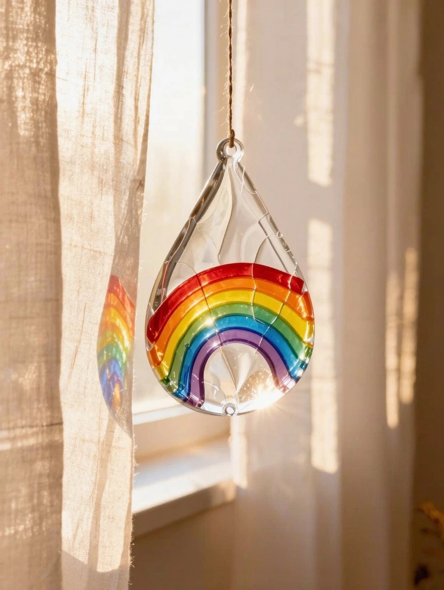 A clear teardrop-shaped glass ornament painted with a multicolored rainbow hangs from a chain in front of sheer curtains near a sunlit window.