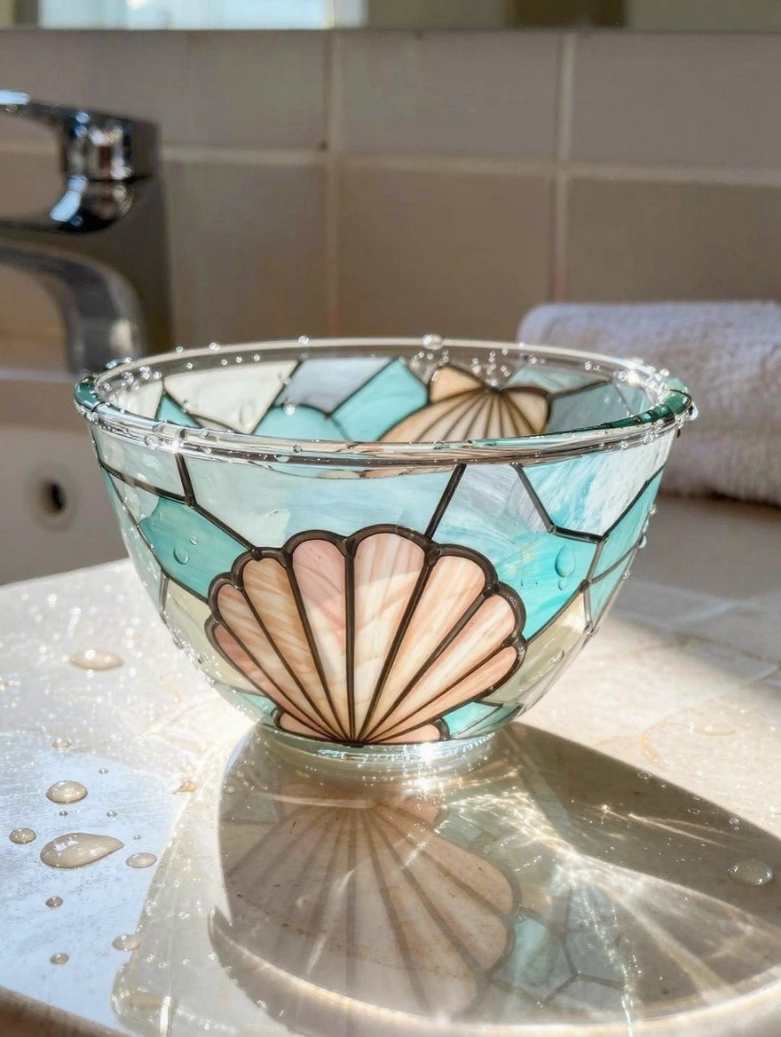 Clear glass bowl painted in stained glass style with turquoise, white, and pink scallop shell design on a bathroom counter with water droplets and sunlight reflections.