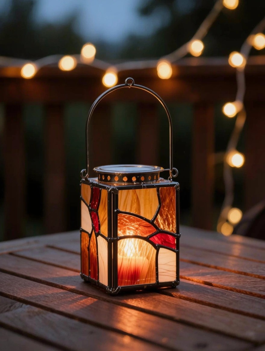 A small square stained glass lantern with red, orange, and yellow abstract panels glows from an inner candle light on a wooden table at dusk with blurred string lights and deck railing in the background.