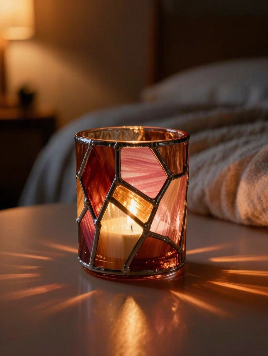 A lit candle inside a geometric stained glass painted glass holder glows on a bedside table near a bed.