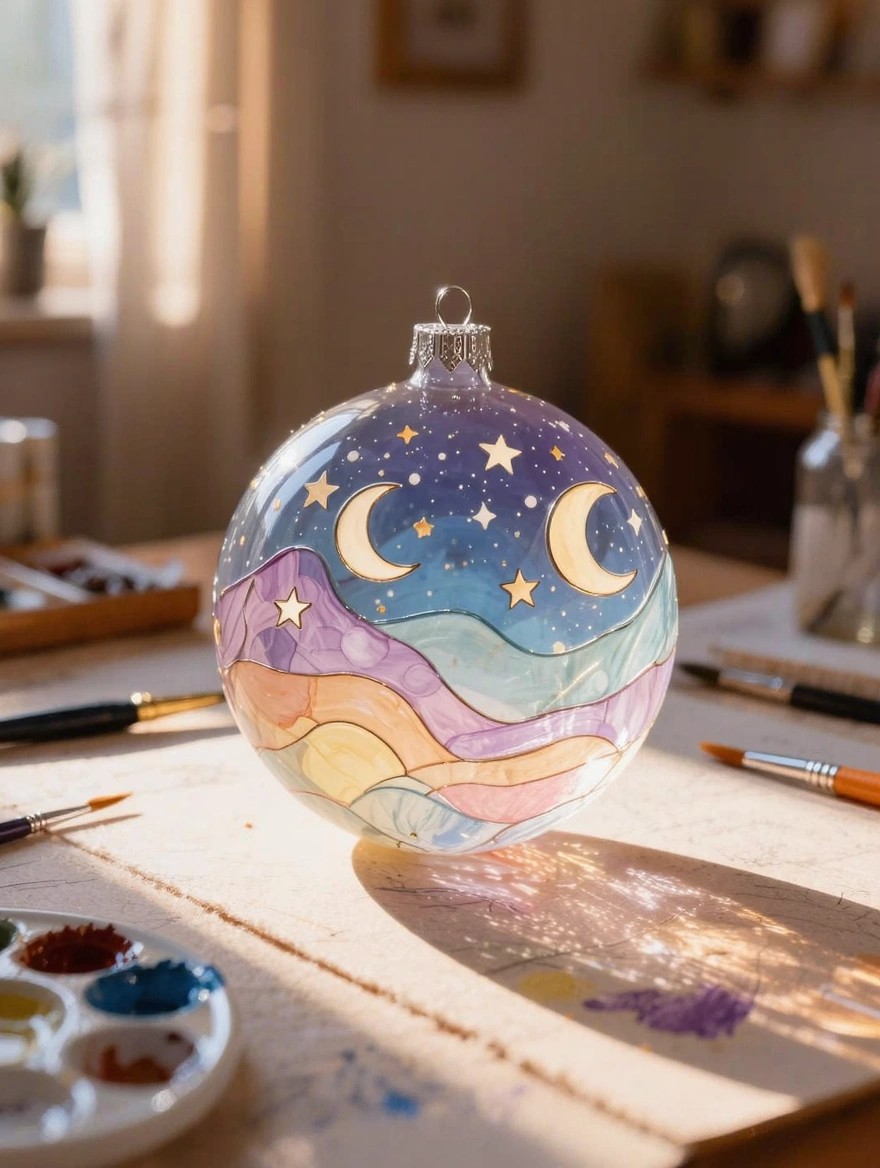 A clear glass Christmas ornament painted with purple wavy mountains, stars, and crescent moons in pastel colors sits on a wooden table with paints and brushes nearby.