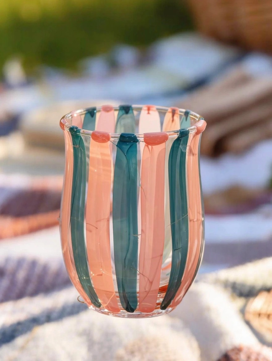 A clear tulip-shaped drinking glass painted with thick alternating teal and coral stripes sits on a colorful picnic blanket surrounded by woven baskets and folded fabrics.