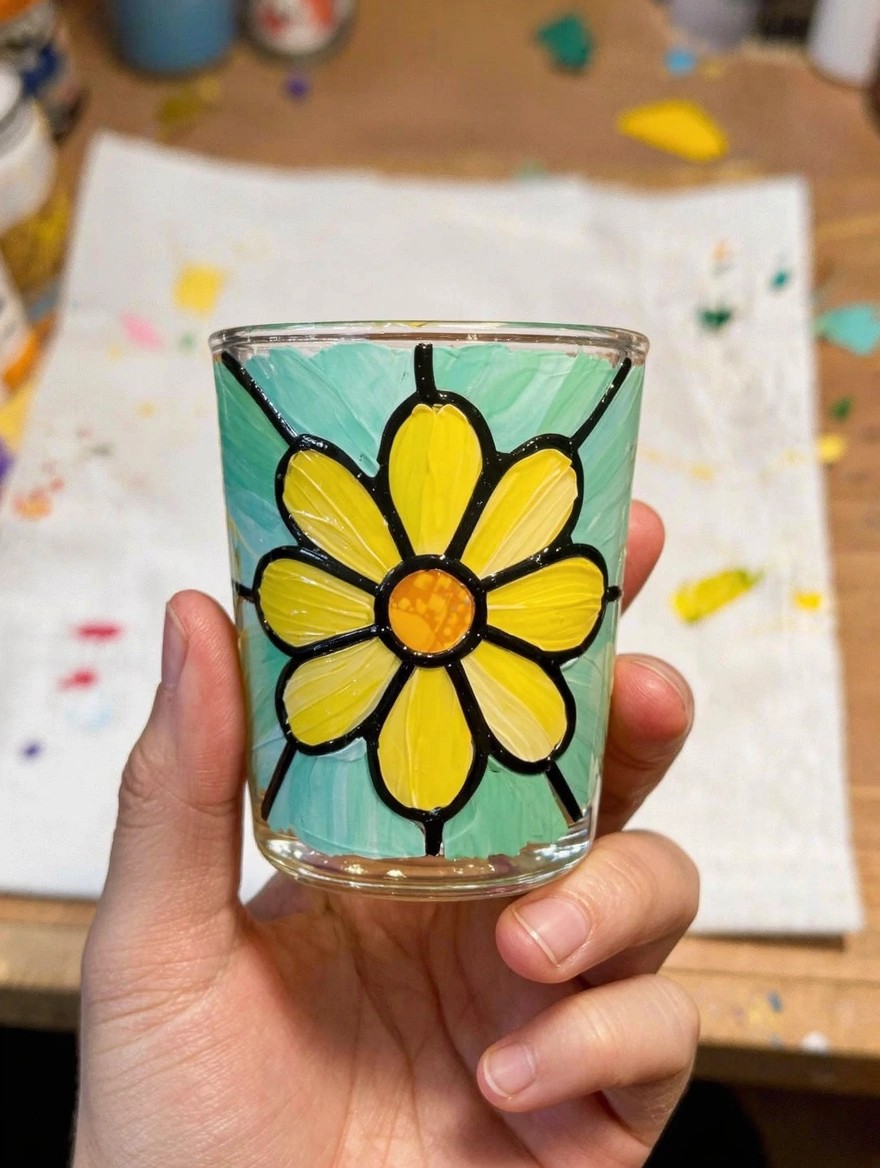 A hand holds a small cylindrical glass tumbler painted with a yellow daisy flower outlined in black on a teal background, sitting on a craft table with paints and supplies nearby.
