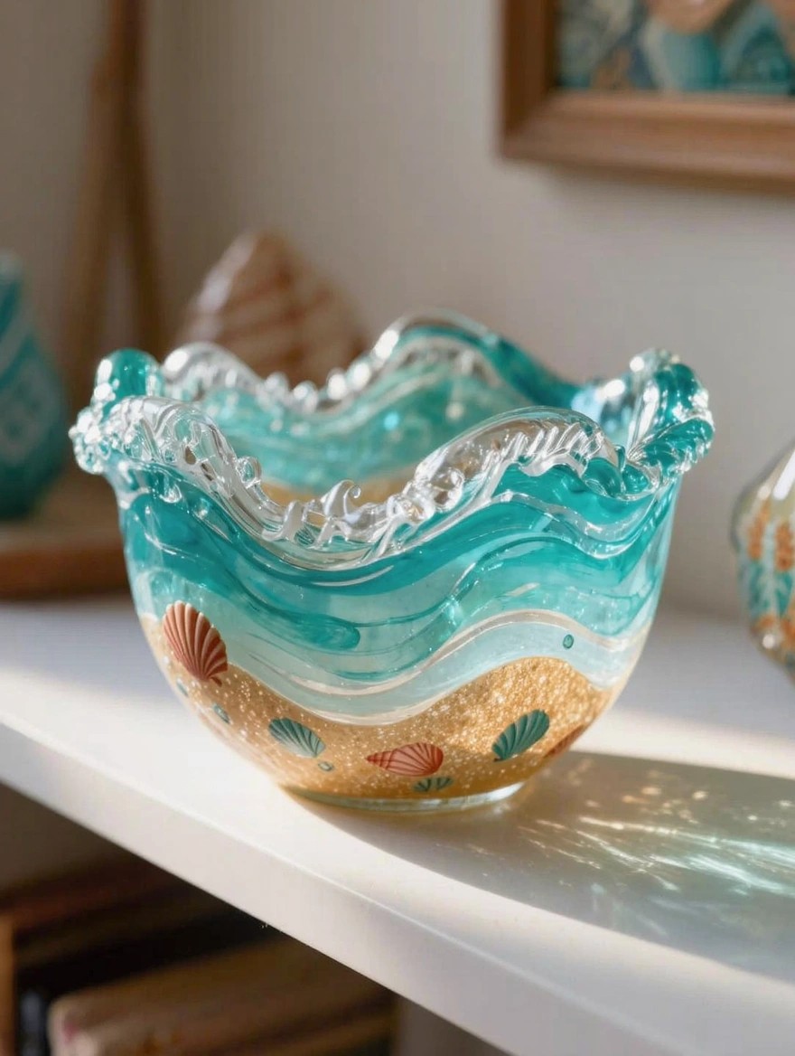 A clear ruffled glass bowl painted inside with blue waves, gold sand, and seashells sits on a white shelf beside other beach decor.