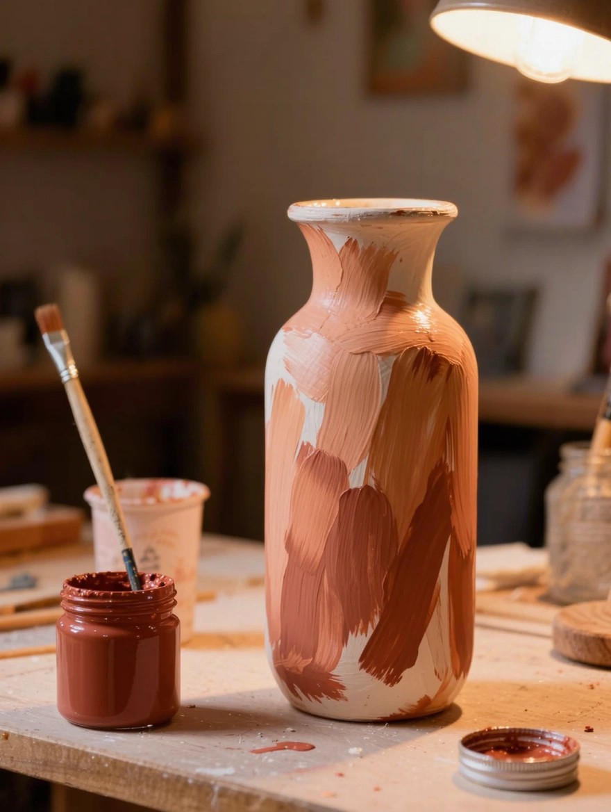 A tall white vase with abstract peach and terracotta brush strokes sits on a wooden table amid paint jars, brushes, and a workspace.