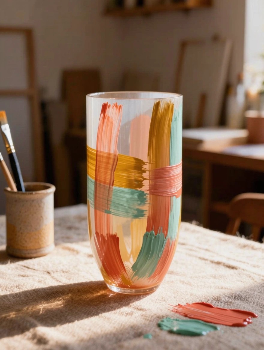 A tall clear glass vase painted with abstract orange, pink, teal, and yellow brush strokes stands on a table surrounded by brushes, paint pots, and studio elements.