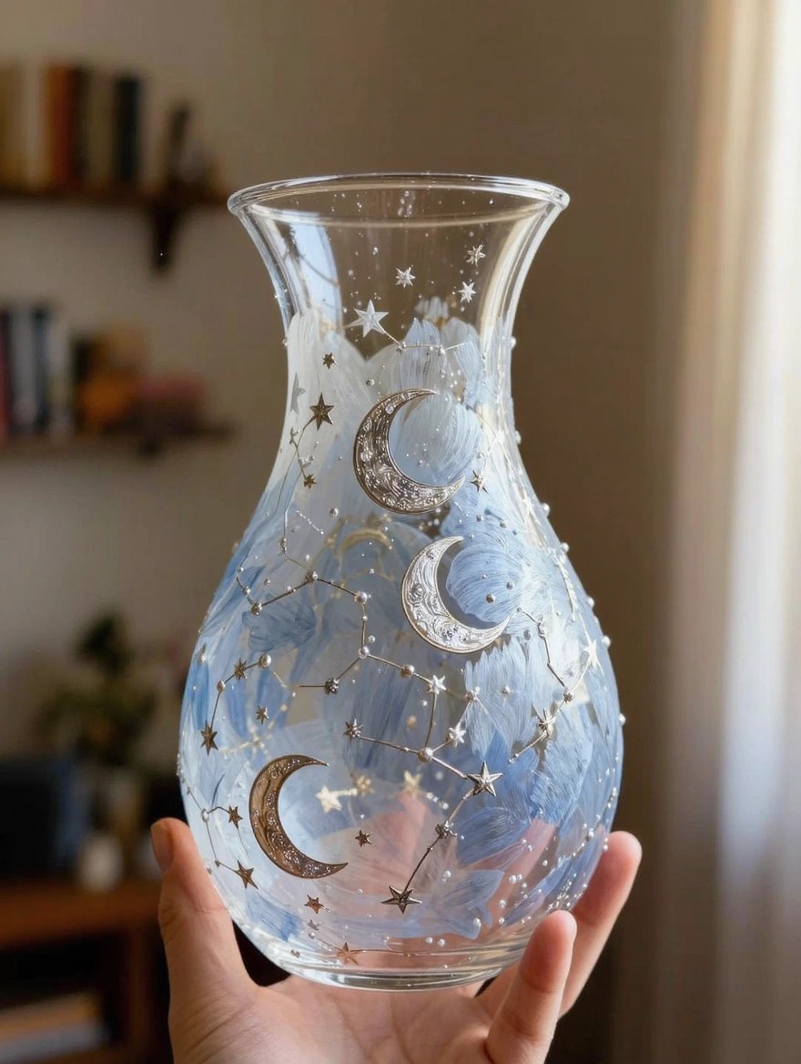 A hand holds a clear flared glass vase painted with blue starry skies, silver constellations, and gold crescent moons against a bookshelf background.