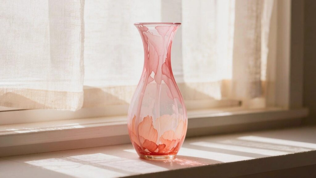 25 Elegant Glass Vase Painting Ideas That Add a Fresh Pop of Color A flared translucent glass vase with pink, white, and orange swirled paint sits on a sunny windowsill next to sheer curtains.