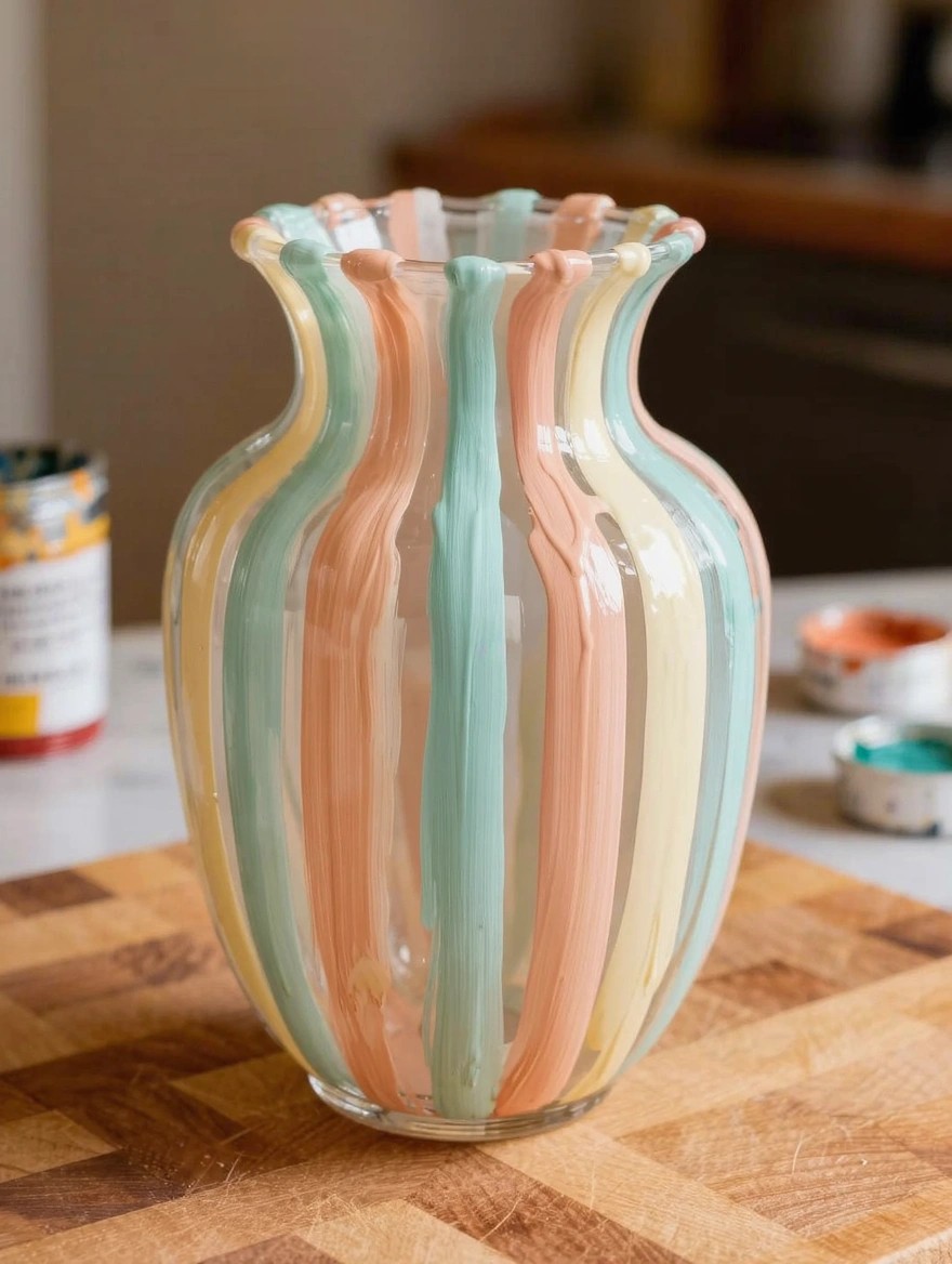 Clear glass vase painted with vertical translucent stripes in pastel pink, green, yellow, and white sits on a wooden board next to paint cans and dishes.