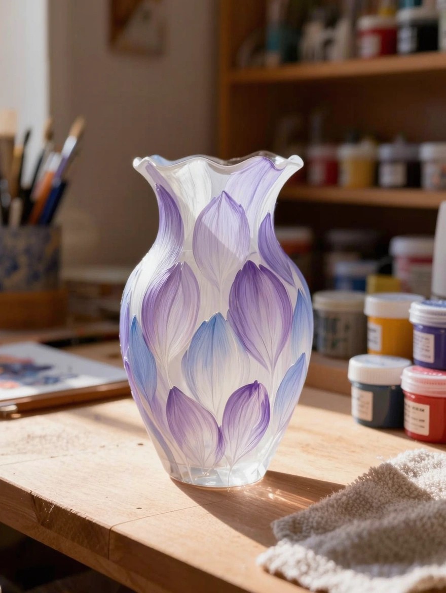 A clear flared glass vase painted with translucent overlapping leaves in purple, lavender, and blue sits on a wooden workbench amid paint jars, brushes, and studio supplies.