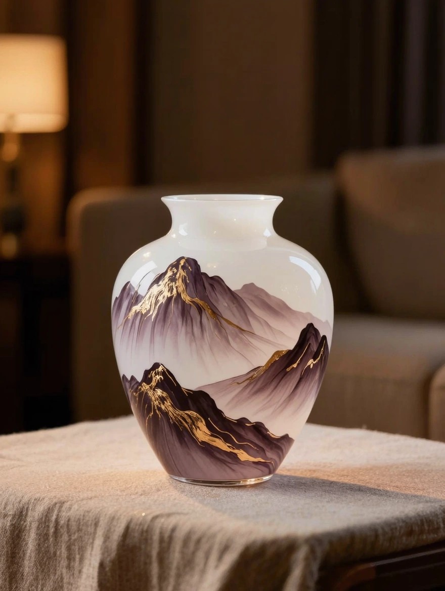 White glass vase with hand-painted purple misty mountains and gold ridge accents on a wooden table in a beige room with warm lamp light.