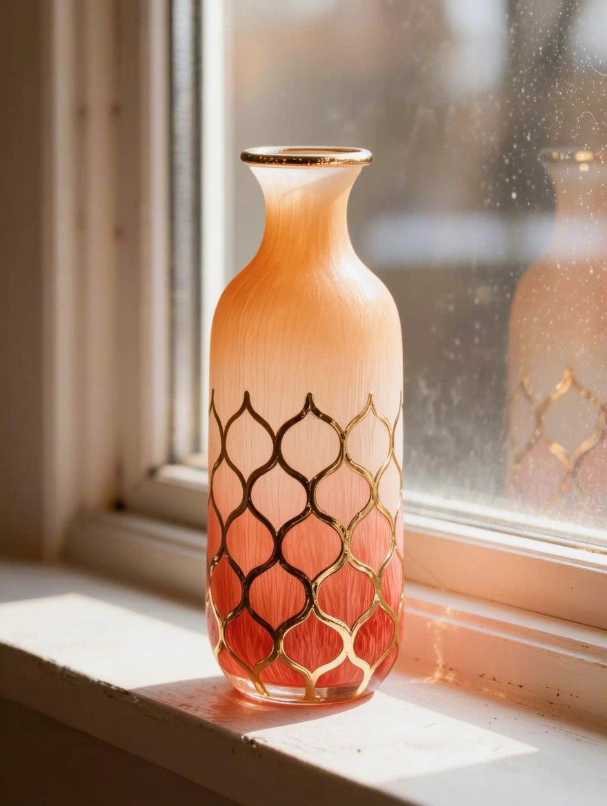 A tall slender translucent orange glass vase with gold geometric lattice pattern sits on a windowsill in sunlight with a window reflection.