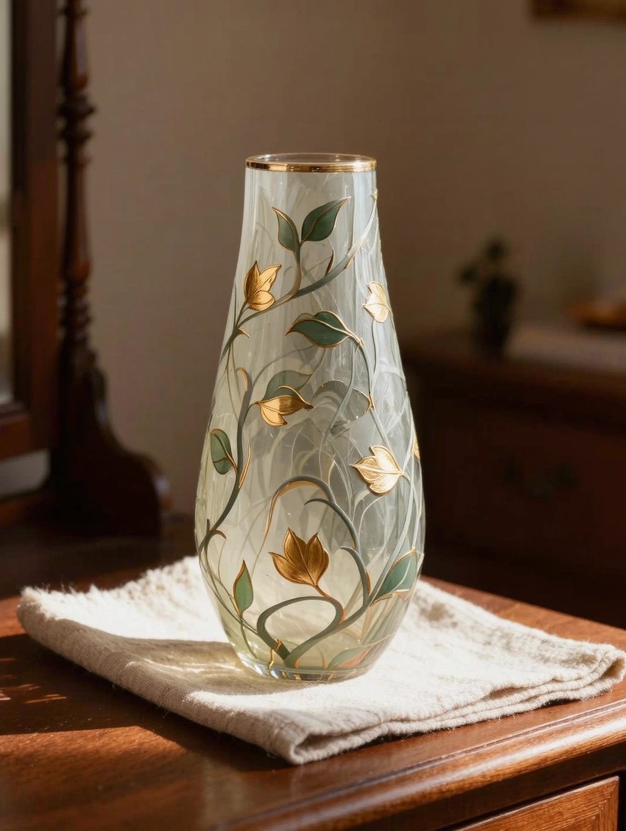 A tall slender glass vase with gold rim and painted green leaves and gold vines on milky white glass sits on a white cloth on a wooden table.
