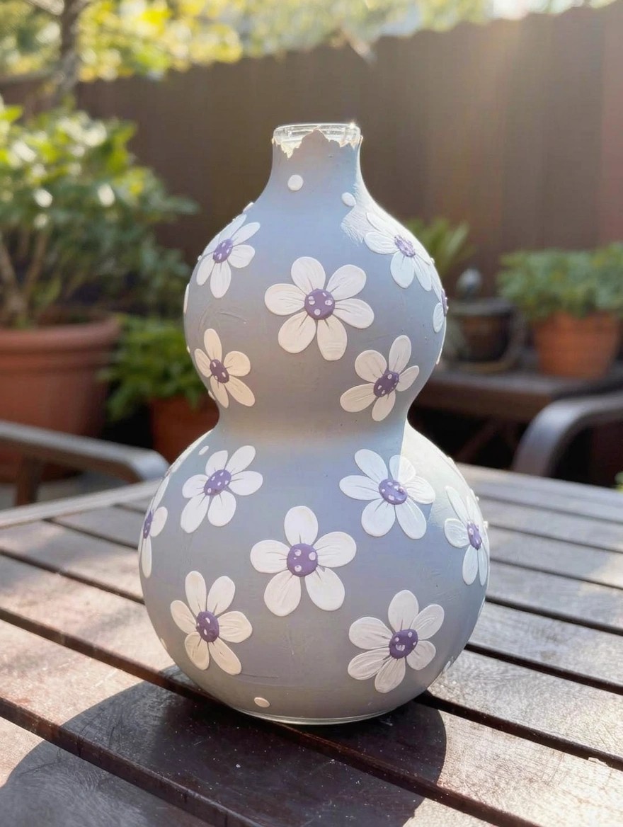 Gray gourd-shaped glass vase painted with white daisies featuring purple centers sits on a wooden table outdoors surrounded by plants and pots.