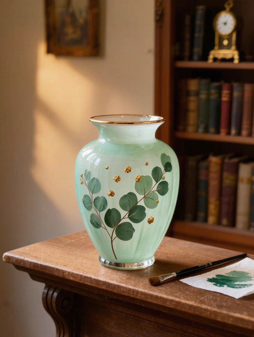 A green opalescent glass vase painted with eucalyptus leaves, branches, and gold dots sits on a wooden table with a paintbrush, green paint rag, bookshelves, and a clock in the background.