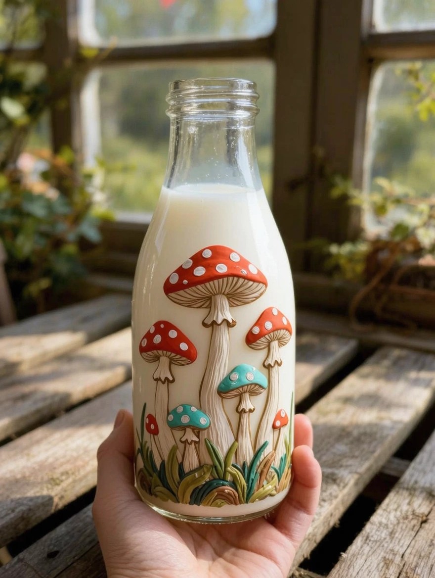 A hand holds a translucent glass milk bottle filled with white milk and painted with red and turquoise spotted mushrooms rising from green grass on a wooden surface near a window.