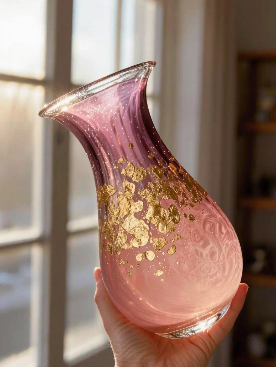 A hand holds a tall curved glass vase with purple-to-pink ombre coloring and scattered gold flecks, backlit by sunlight near windows and shelves.