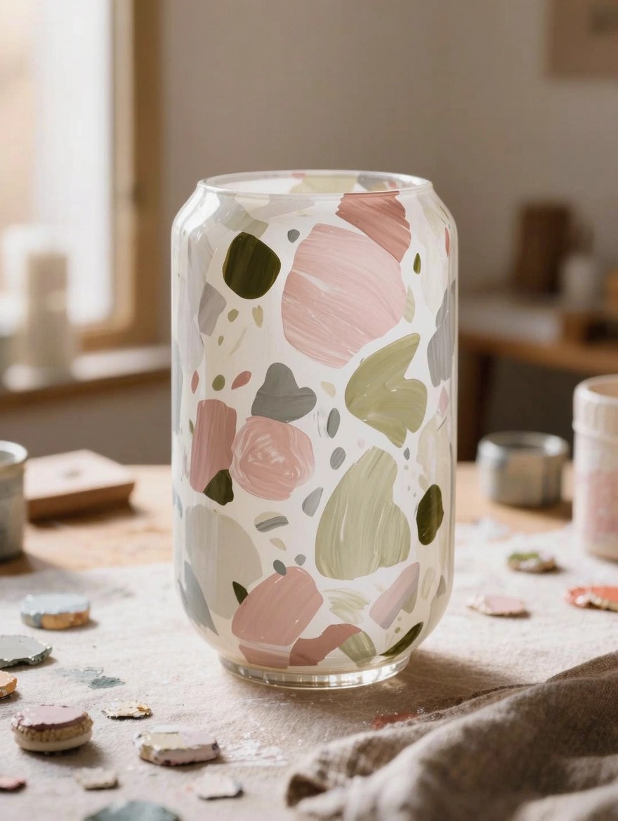 A clear cylindrical glass vase painted with abstract pastel blobs sits on a wooden workbench amid paint scraps and tools.