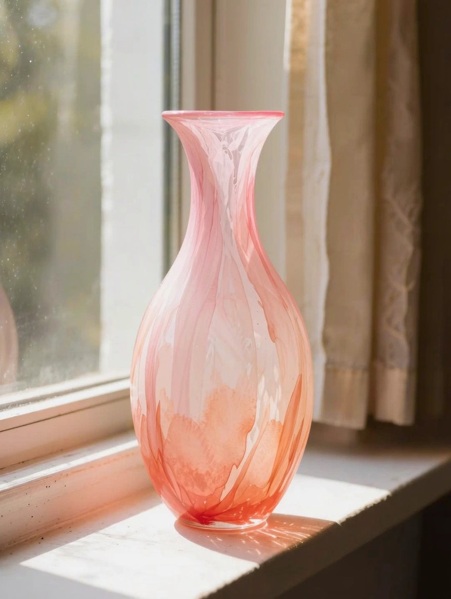 A flared translucent glass vase with pink, white, and orange swirled paint sits on a sunny windowsill next to sheer curtains.