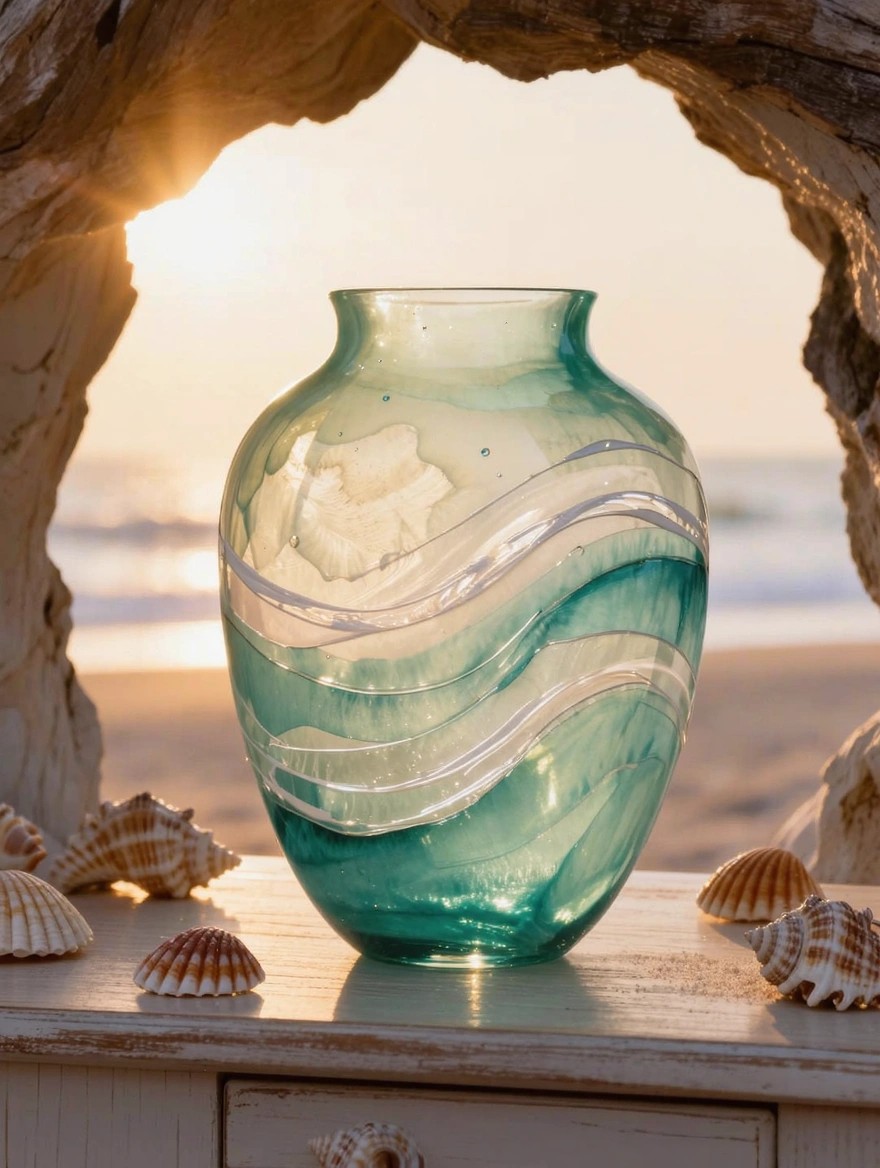 Teal glass vase with white swirling wave designs on a driftwood table with seashells, beach, and sunset in the background.