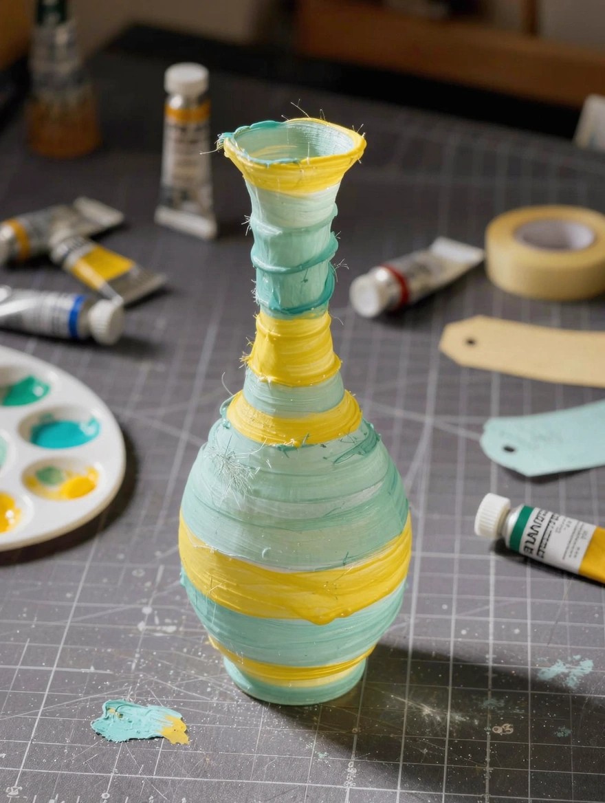 A clear glass vase wrapped in yellow tape and painted with turquoise stripes sits on a gray craft mat amid paint tubes, a palette, and tape roll.