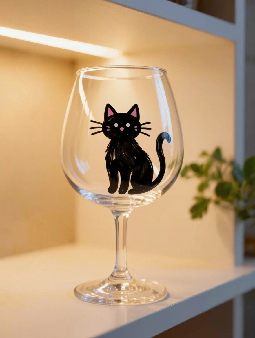 Clear stemmed wine glass with a hand-painted black cat silhouette on the bowl, sitting on a wooden shelf with warm lighting and nearby plants.