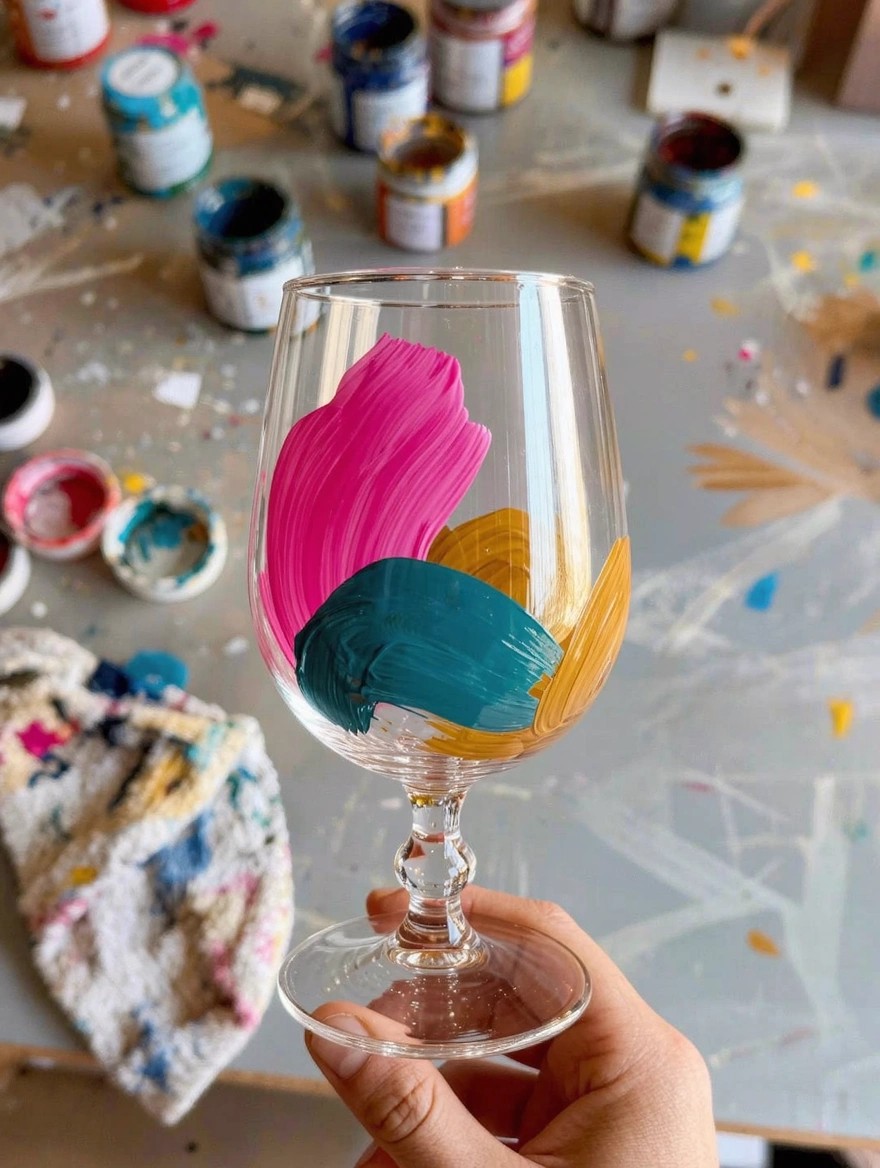 A hand holds a stem wine glass with abstract pink, teal, and yellow brush strokes on the clear bowl, amid paint pots and brushes on a workspace.