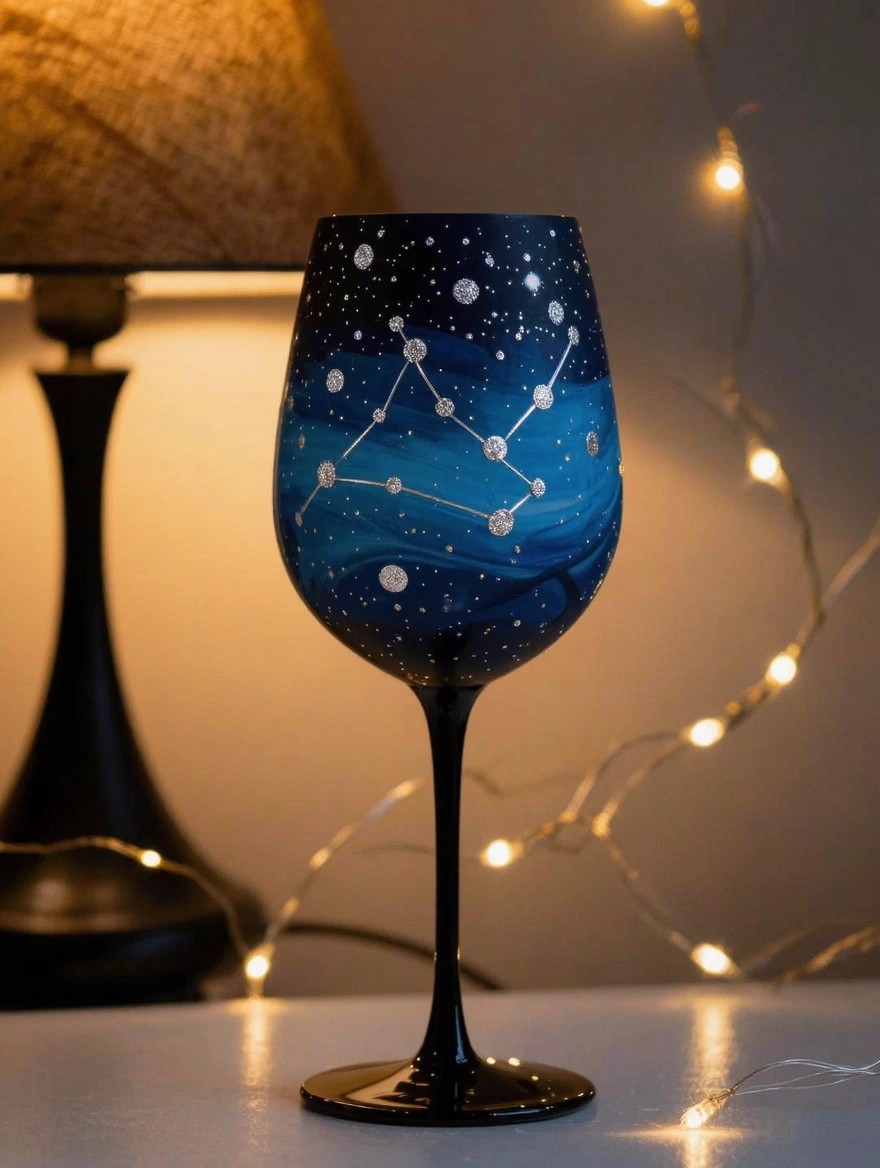 Black-stemmed wine glass painted with dark blue galaxy swirls, silver constellations, and stars, placed near a lamp and string lights on a table.
