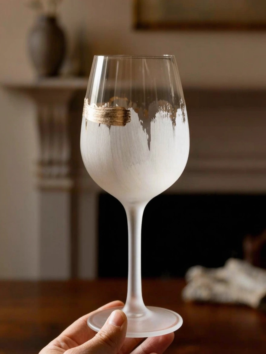 A hand holds a stemmed wine glass painted with white frosted mountain peaks and gold brush stroke accents on a wooden table.