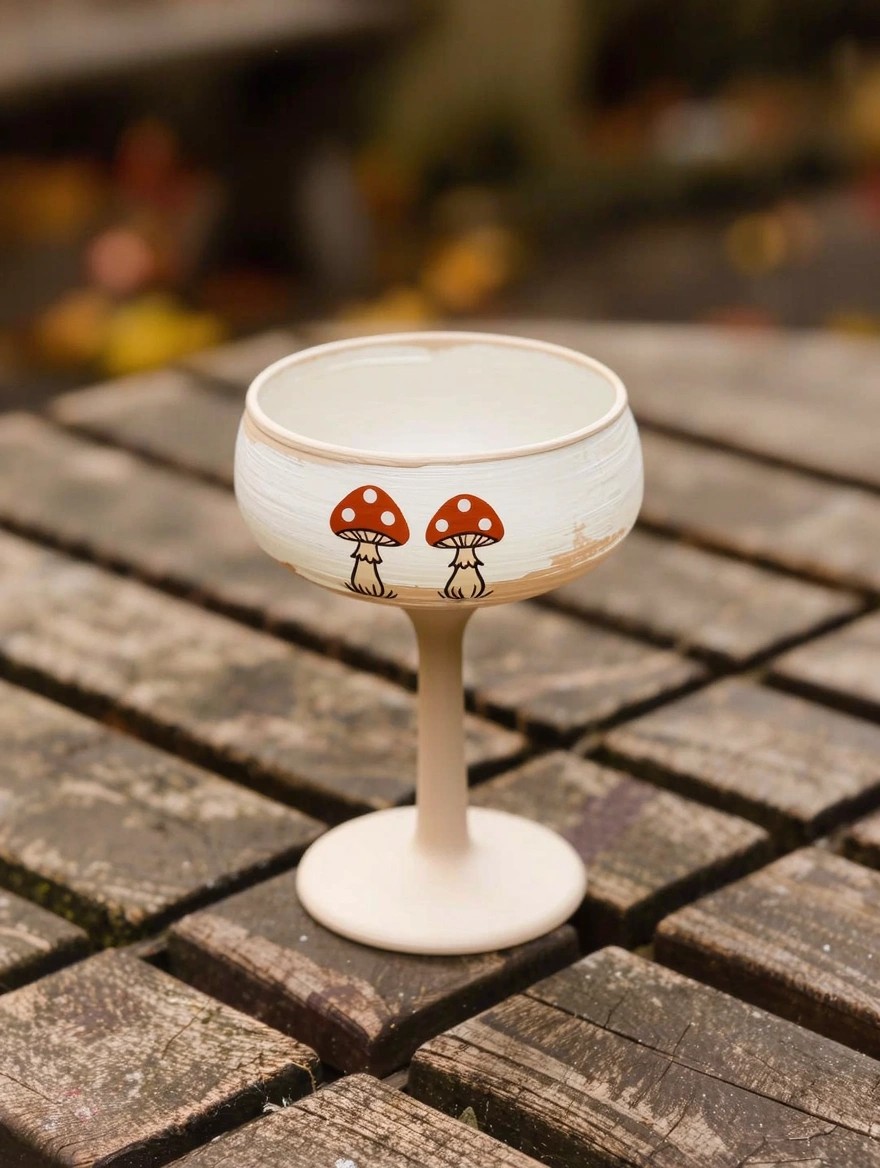 A stemmed white wine glass painted with red toadstool mushrooms and white spots sits on a wooden surface amid autumn leaves.
