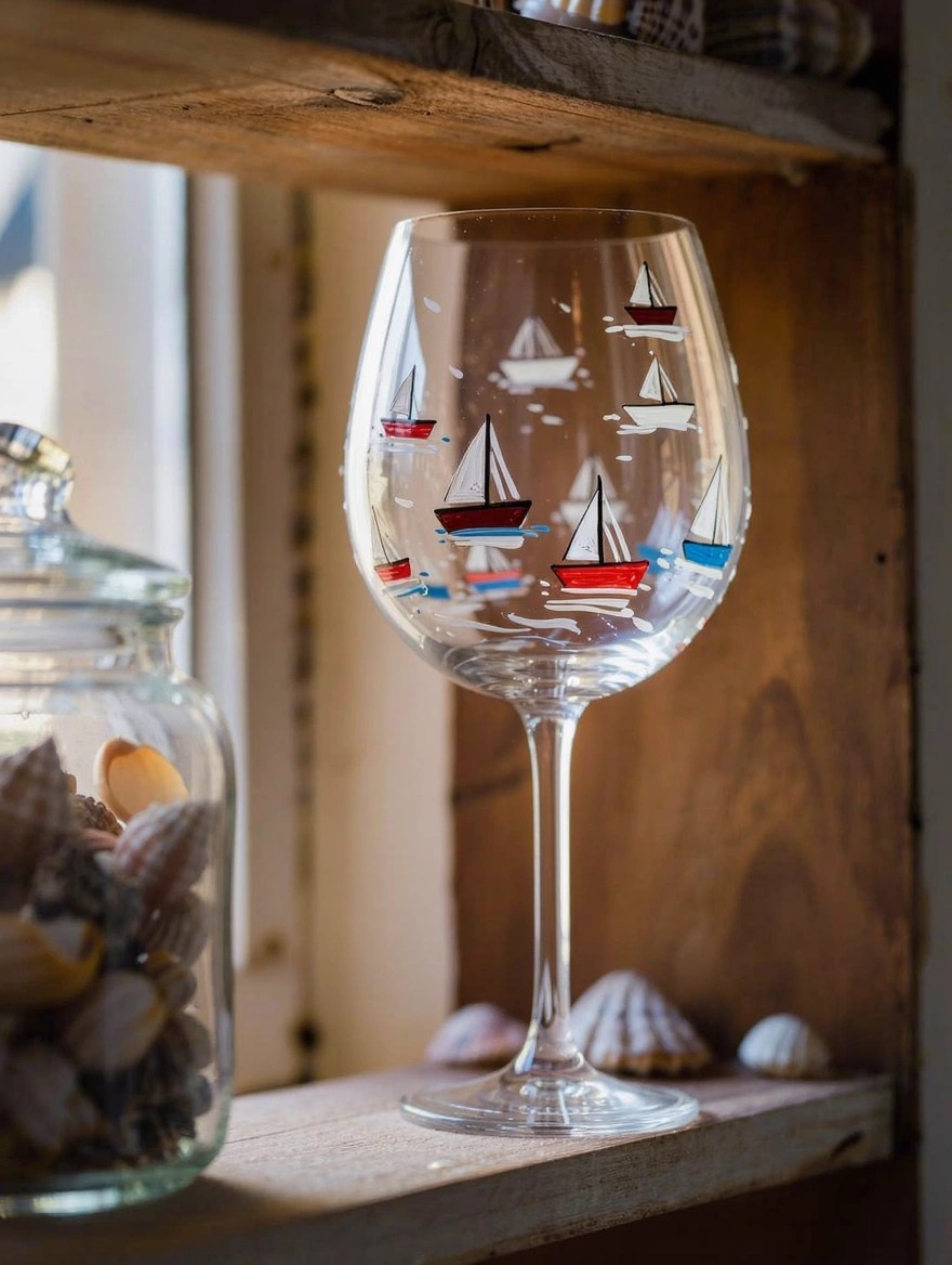 A clear stemmed wine glass painted with small red, blue, and white sailboats sits on a wooden shelf beside a jar of seashells.