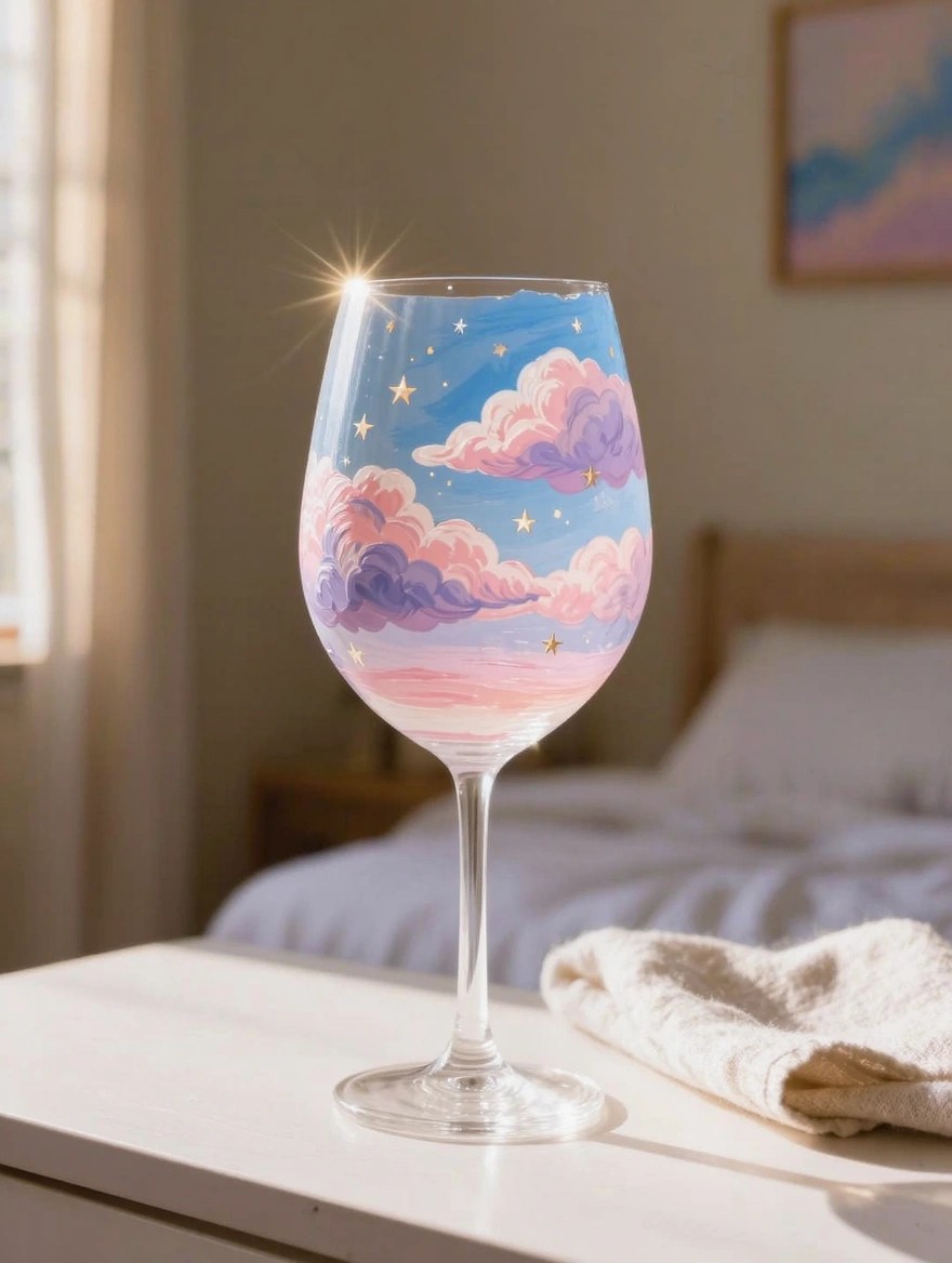 A clear stemmed wine glass painted with pastel pink, purple, and blue clouds and gold stars sits on a wooden table beside a bed.