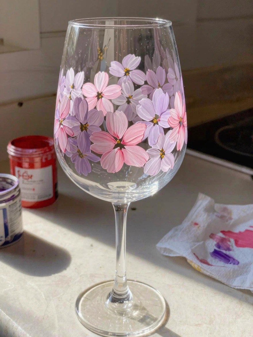 A clear stemmed wine glass painted with clusters of pink and purple flowers stands on a counter next to red and purple paint jars and a paint-stained rag.