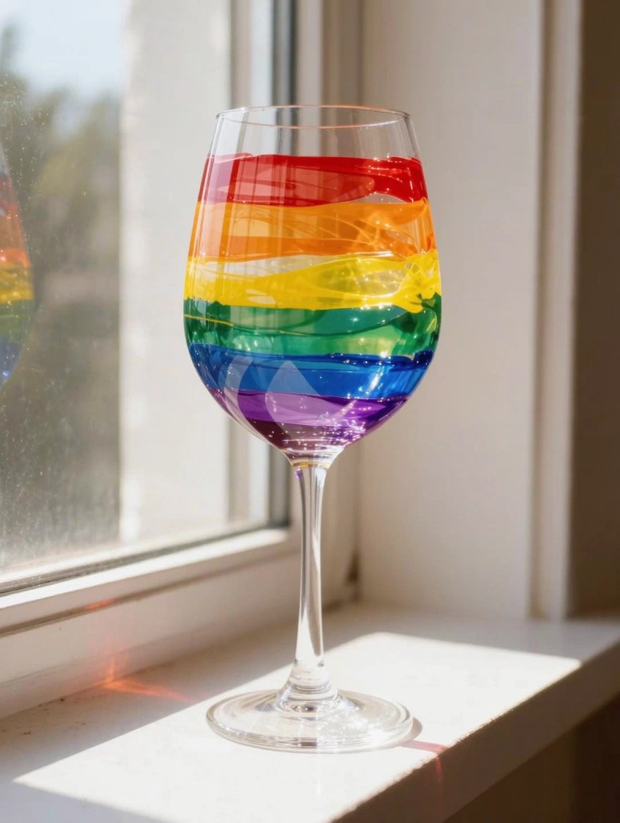 A clear wine glass with painted horizontal rainbow stripes sits on a windowsill with sunlight creating colorful reflections.